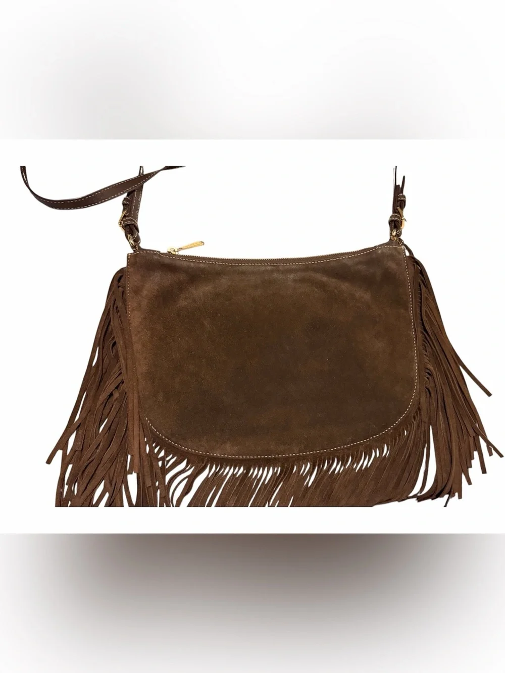 Michael Kors Brown Suede Fringe Crossbody with Gold MK Charm